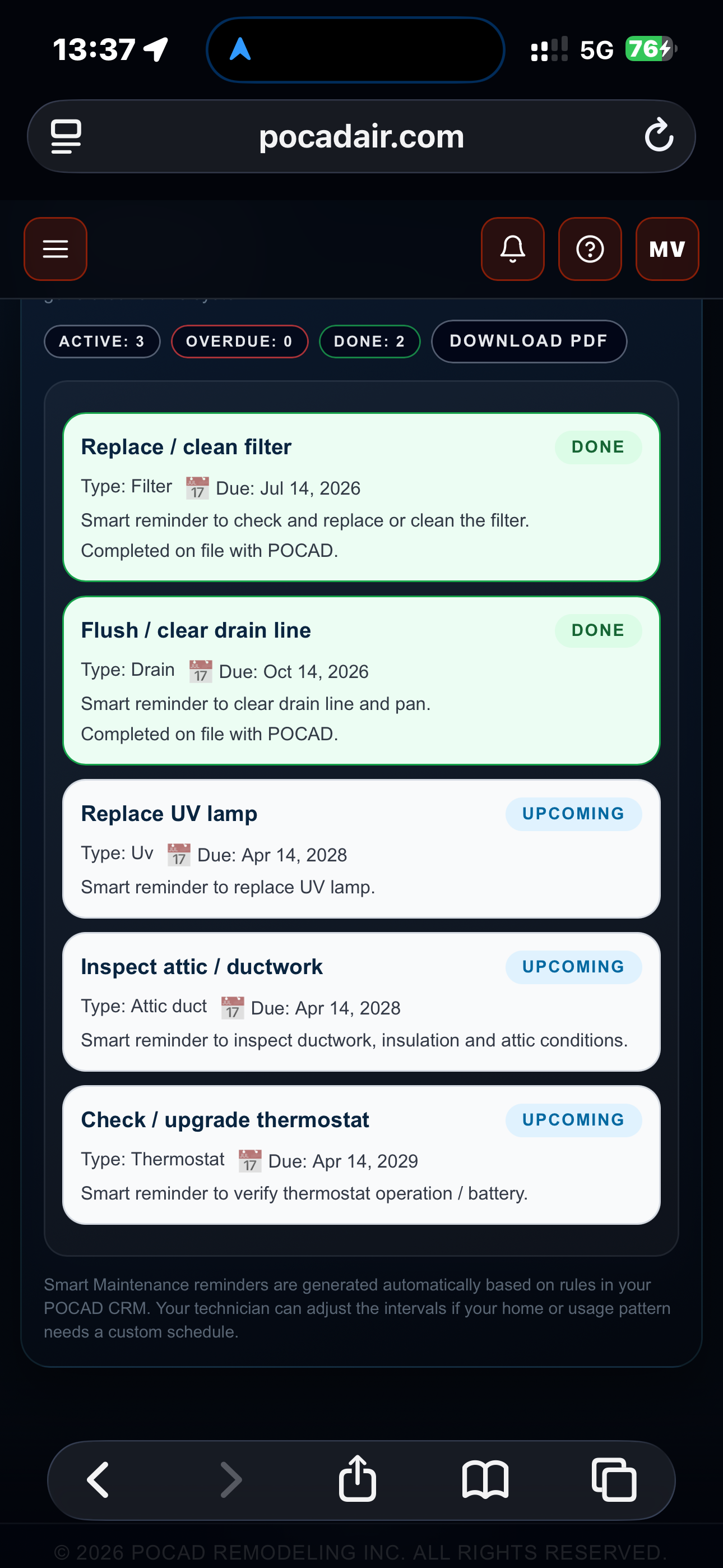 POCAD Client Dashboard showing Smart Maintenance reminders