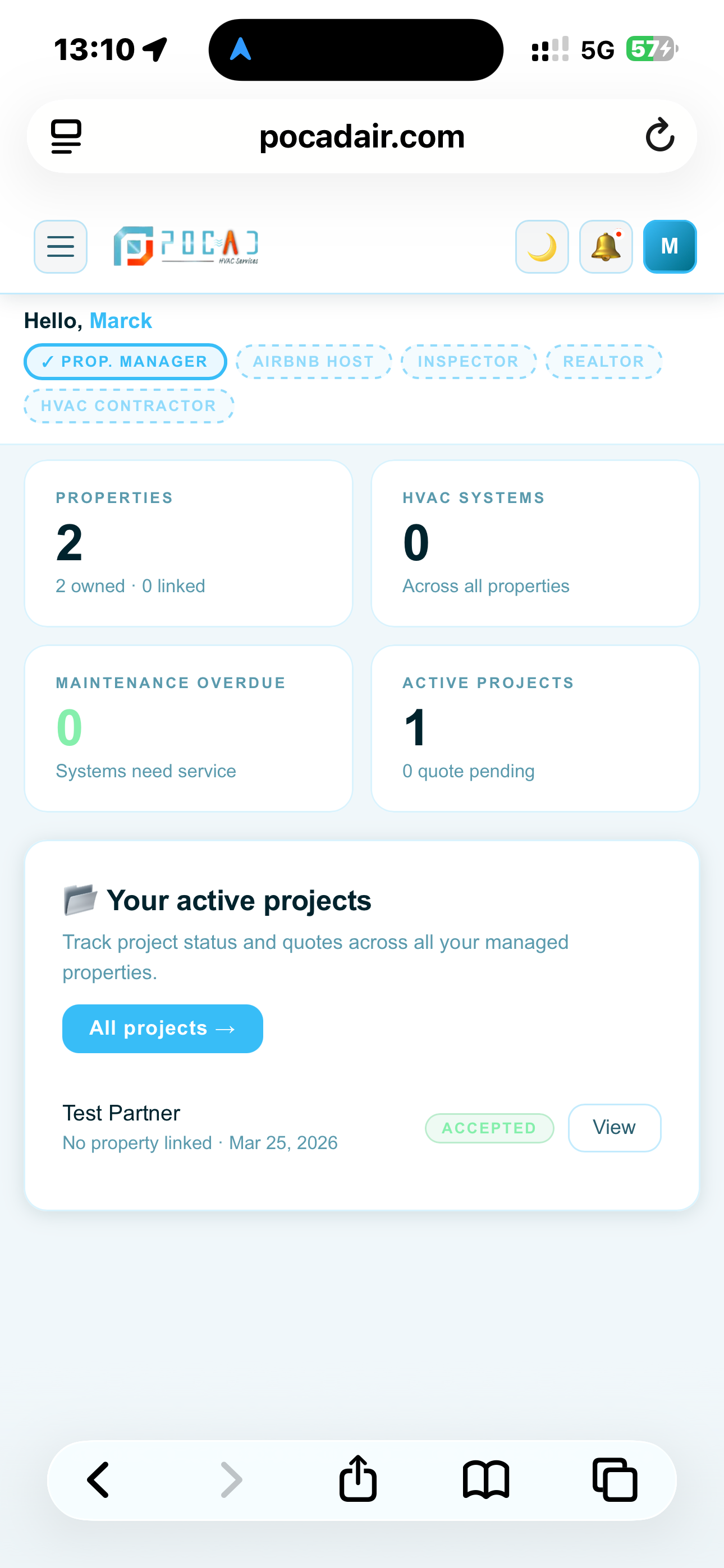 POCAD Partner Dashboard showing properties and active projects
