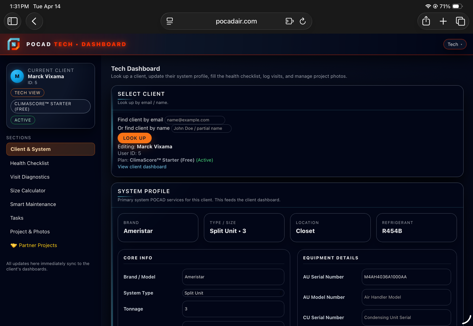 POCAD Tech Dashboard showing system profile and health checklist